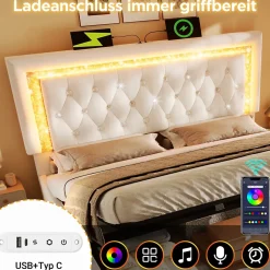Lit Coffre Double 140x200 cm - Tête de Lit LED et USB Type-C, Sommier à Lattes, Rangement Hydraulique, Velours Beige, Sans Matelas