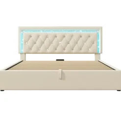 Lit Coffre Double 140x200 cm - Tête de Lit LED et USB Type-C, Sommier à Lattes, Rangement Hydraulique, Velours Beige, Sans Matelas