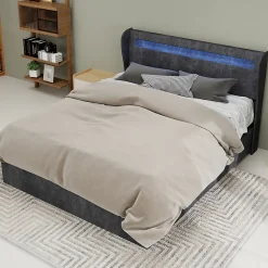 Lit Coffre Double 140x200 cm Adulte Moderne, Mécanisme à Vérin à Gaz et Rangement, Sans Tête de Lit, Sans Matelas, Velours Gris