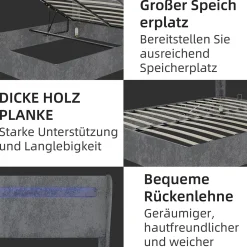 Lit Coffre Double 140x200 cm Adulte Moderne, Mécanisme à Vérin à Gaz et Rangement, Sans Tête de Lit, Sans Matelas, Velours Gris