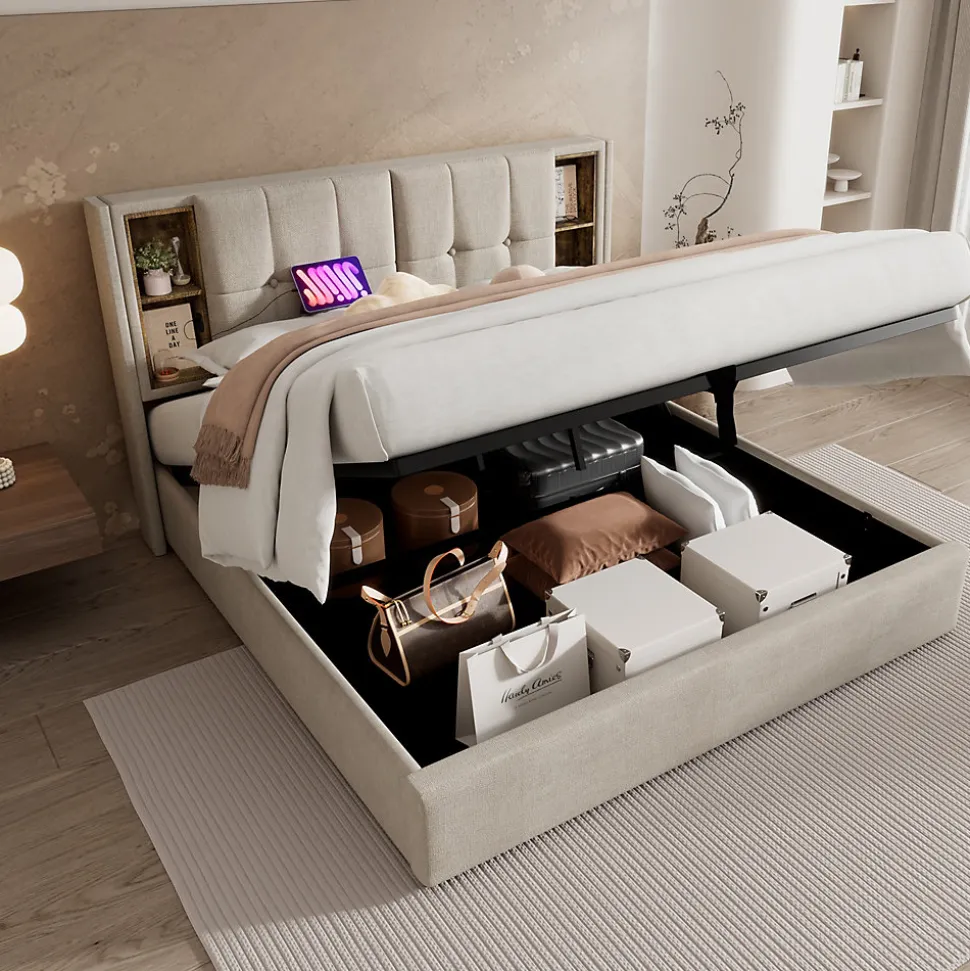 Lit Coffre Double 140x200 cm avec LED et Port USB, Lit Rembourré Moderne avec Coffre Hydraulique - Lin Naturel - Sans Matelas