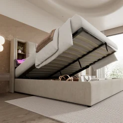 Lit Coffre Double 140x200 cm avec LED et Port USB, Lit Rembourré Moderne avec Coffre Hydraulique - Lin Naturel - Sans Matelas
