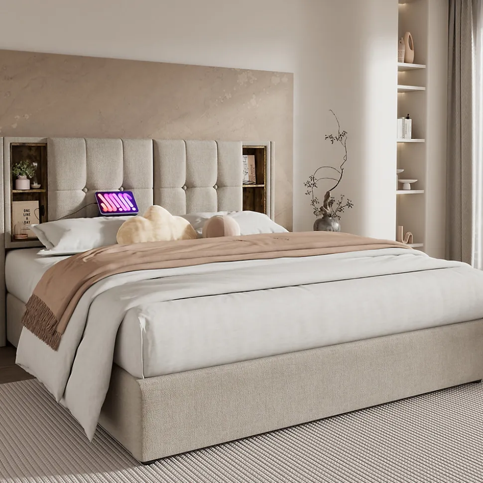 Lit Coffre Double 140x200 cm avec LED et Port USB, Lit Rembourré Moderne avec Coffre Hydraulique - Lin Naturel - Sans Matelas