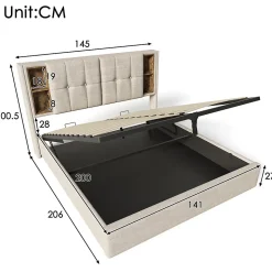 Lit Coffre Double 140x200 cm avec LED et Port USB, Lit Rembourré Moderne avec Coffre Hydraulique - Lin Naturel - Sans Matelas
