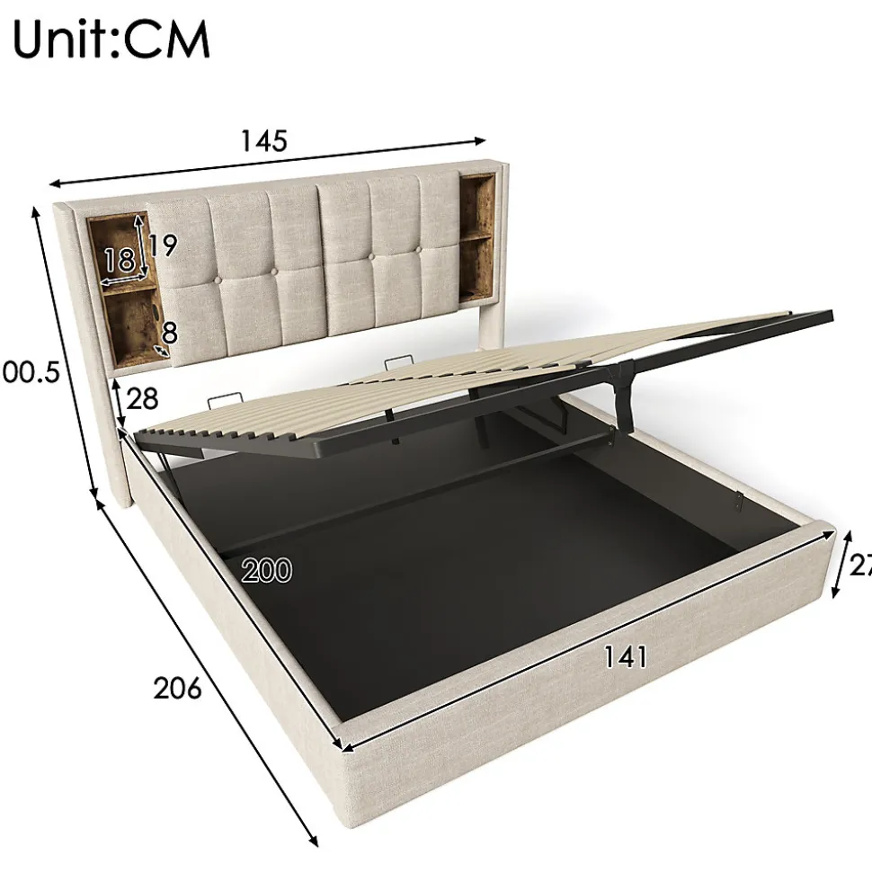 Lit Coffre Double 140x200 cm avec LED et Port USB, Lit Rembourré Moderne avec Coffre Hydraulique - Lin Naturel - Sans Matelas