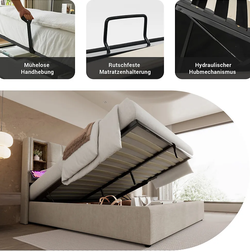 Lit Coffre Double 140x200 cm avec LED et Port USB, Lit Rembourré Moderne avec Coffre Hydraulique - Lin Naturel - Sans Matelas