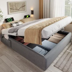 Lit Coffre Double 160x200 cm avec Coffre de Rangement et Port USB-C, Cadre Bois Massif et Coton Gris, Sans Matelas