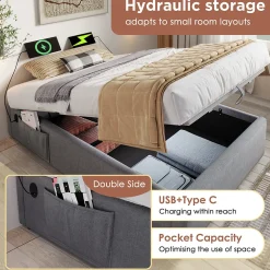 Lit Coffre Double 160x200 cm avec Coffre de Rangement et Port USB-C, Cadre Bois Massif et Coton Gris, Sans Matelas