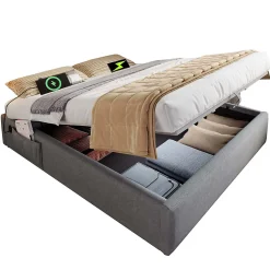 Lit Coffre Double 160x200 cm avec Coffre de Rangement et Port USB-C, Cadre Bois Massif et Coton Gris, Sans Matelas