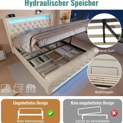 Lit Coffre Double 140x200 cm avec LED et Ports USB Type-C - Tête de Lit avec Rangement - Velours Beige - Matelas Inclus