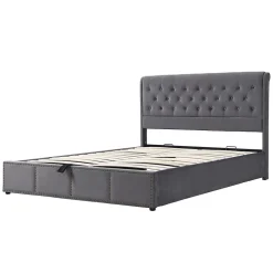 Lit Coffre Double 140x190 cm avec Système Hydraulique, Lit Capitonné en Velours, Gris - Sans Matelas