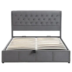 Lit Coffre Double 140x190 cm avec Système Hydraulique, Lit Capitonné en Velours, Gris - Sans Matelas