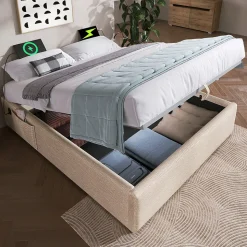 Lit Coffre Double 160x200 cm avec Rangement Intégré et Port USB-C, Cadre Bois et Lin Beige, Sans Matelas
