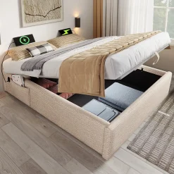 Lit Coffre Double 160x200 cm avec Rangement Intégré et Port USB-C, Cadre Bois et Lin Beige, Sans Matelas