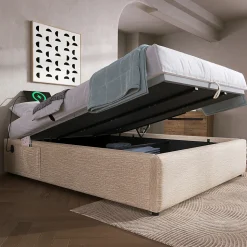 Lit Coffre Double 160x200 cm avec Rangement Intégré et Port USB-C, Cadre Bois et Lin Beige, Sans Matelas