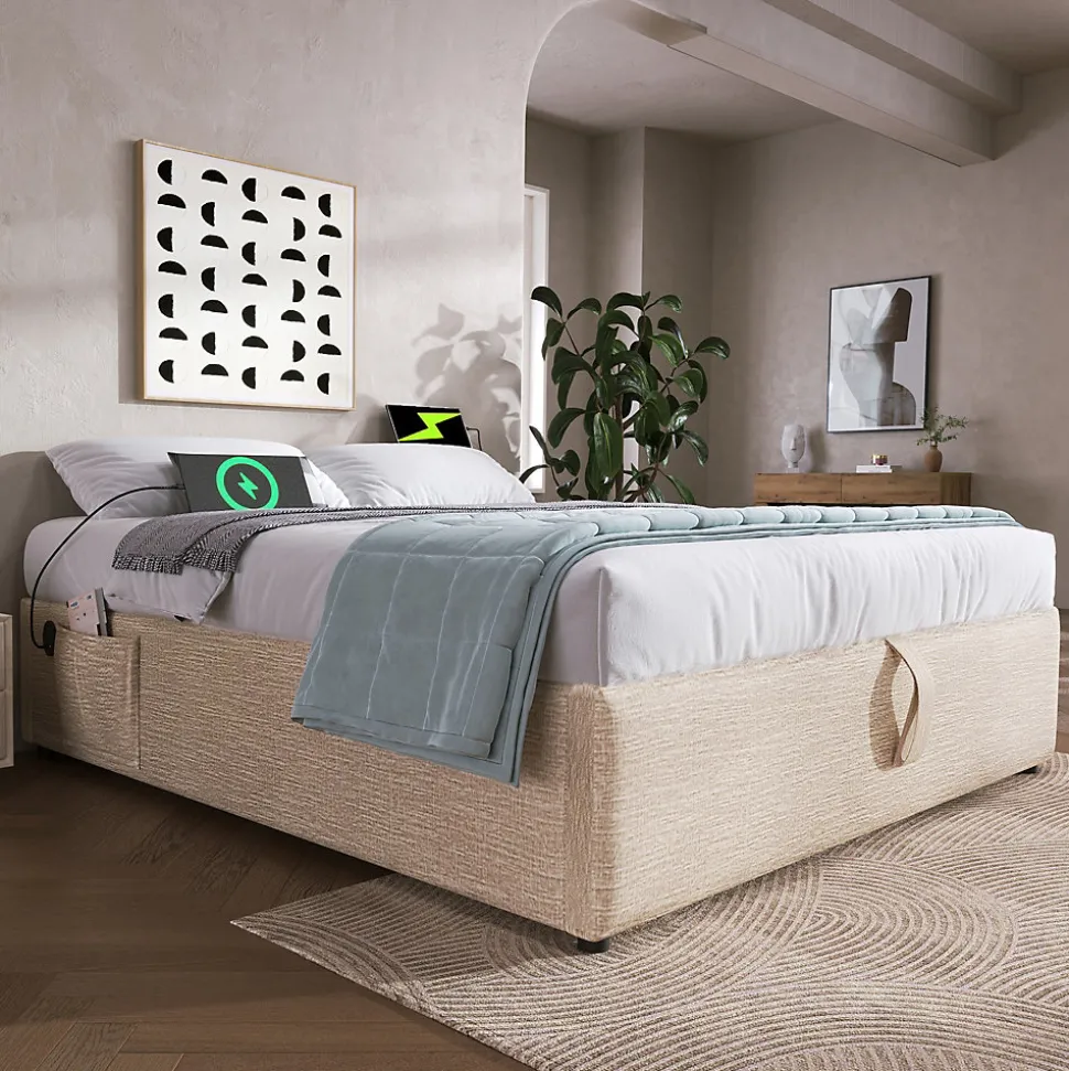 Lit Coffre Double 160x200 cm avec Rangement Intégré et Port USB-C, Cadre Bois et Lin Beige, Sans Matelas
