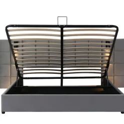 Lit Coffre Double 160x200 cm avec Lampe Directionnelle et Port USB, Lit Capitonné en Velours, Gris - Sans Matelas