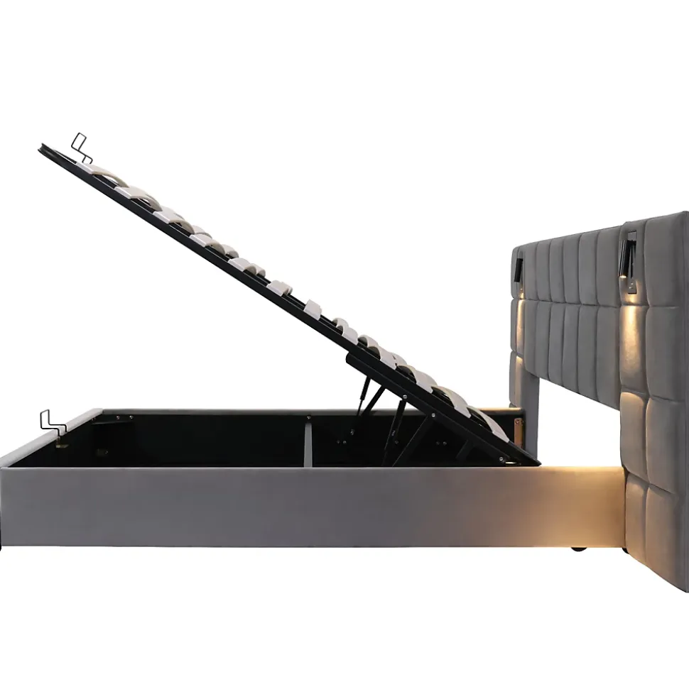 Lit Coffre Double 160x200 cm avec Lampe Directionnelle et Port USB, Lit Capitonné en Velours, Gris - Sans Matelas