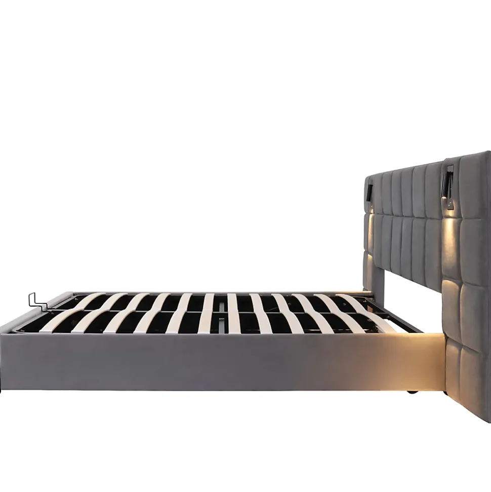 Lit Coffre Double 160x200 cm avec Lampe Directionnelle et Port USB, Lit Capitonné en Velours, Gris - Sans Matelas