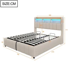 Lit Coffre Double 180x200 cm Capitonné avec Rangement Hydraulique et Tête de Lit LED - Tissu Lin Beige