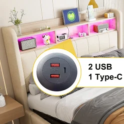 Lit Coffre Double 180x200 cm Capitonné avec Rangement Hydraulique et Tête de Lit LED - Tissu Lin Beige