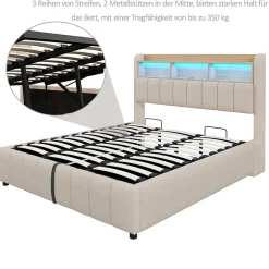 Lit Coffre Double 180x200 cm Capitonné avec Rangement Hydraulique et Tête de Lit LED - Tissu Lin Beige
