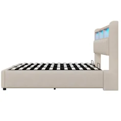 Lit Coffre Double 180x200 cm Capitonné avec Rangement Hydraulique et Tête de Lit LED - Tissu Lin Beige