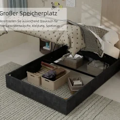 Lit Coffre Double 140x200 cm, Lit Adulte et Ado avec Vérins Hydrauliques et Coffre Intégré, Velours Hollandais Gris, Sans Matelas