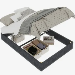 Lit Coffre Double 140x200 cm, Lit Adulte et Ado avec Vérins Hydrauliques et Coffre Intégré, Velours Hollandais Gris, Sans Matelas