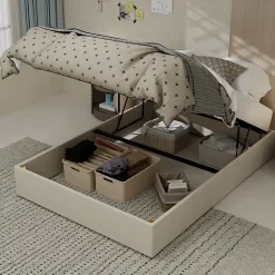 Lit Coffre Double 140x200 cm, Lit Adulte et Ado avec Vérins Hydrauliques, Cadre Moderne, Velours Hollandais Beige, Sans Matelas