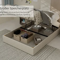 Lit Coffre Double 140x200 cm, Lit Adulte et Ado avec Vérins Hydrauliques, Cadre Moderne, Velours Hollandais Beige, Sans Matelas