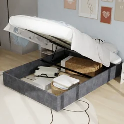 Lit Coffre Double 160x200 cm, Lit Adulte avec Vérin Hydraulique et Cadre Moderne, Sans Matelas, Gris