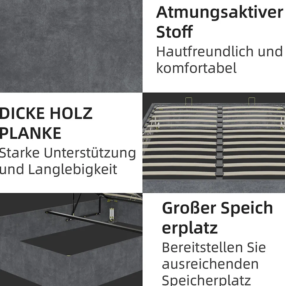 Lit Coffre Double 160x200 cm, Lit Adulte avec Vérin Hydraulique et Cadre Moderne, Sans Matelas, Gris
