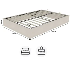 Lit Coffre Double 140x200 cm, Lit Adulte avec Vérins Hydrauliques, Cadre Moderne en Velours Beige, Sans Matelas