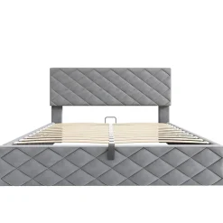 Lit Coffre Double 140x200 cm, Lit Capitonné en Velours, Grand Espace de Rangement, Gris, Sans Matelas