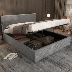 Lit Coffre Double 140x200 cm, Lit Capitonné en Velours, Grand Espace de Rangement, Gris, Sans Matelas