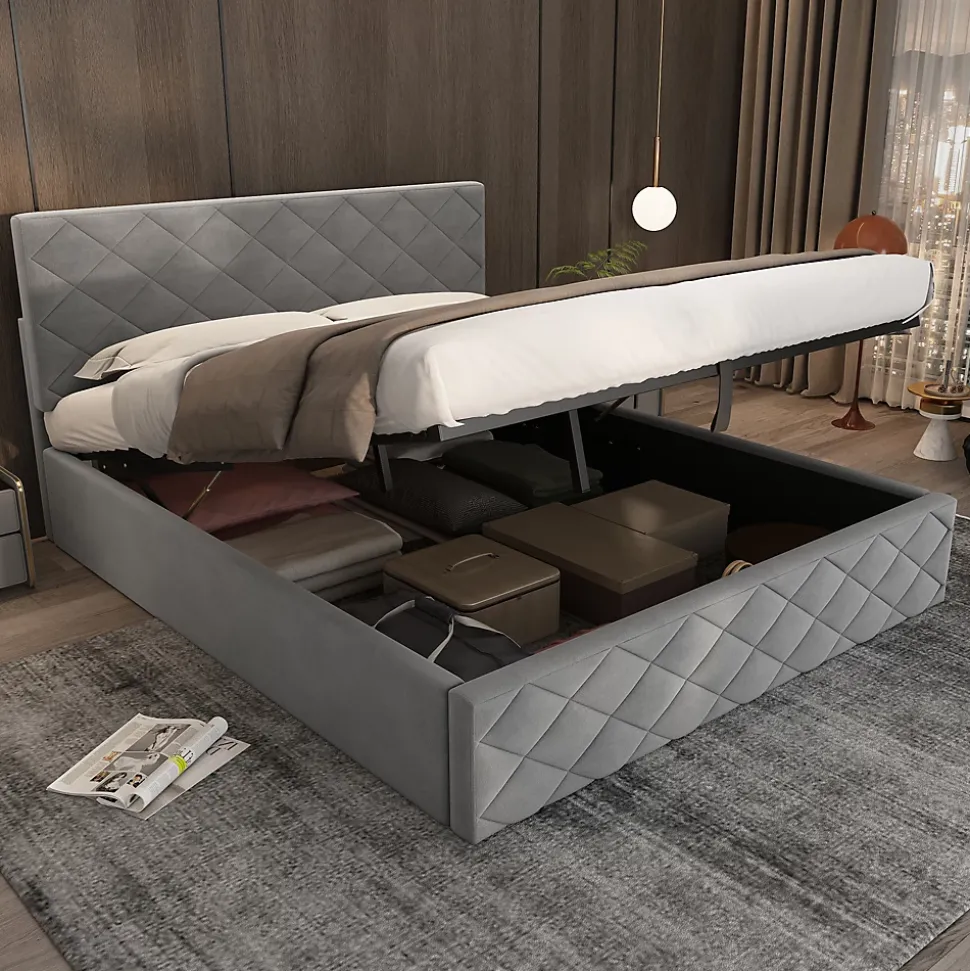 Lit Coffre Double 140x200 cm, Lit Capitonné en Velours, Grand Espace de Rangement, Gris, Sans Matelas