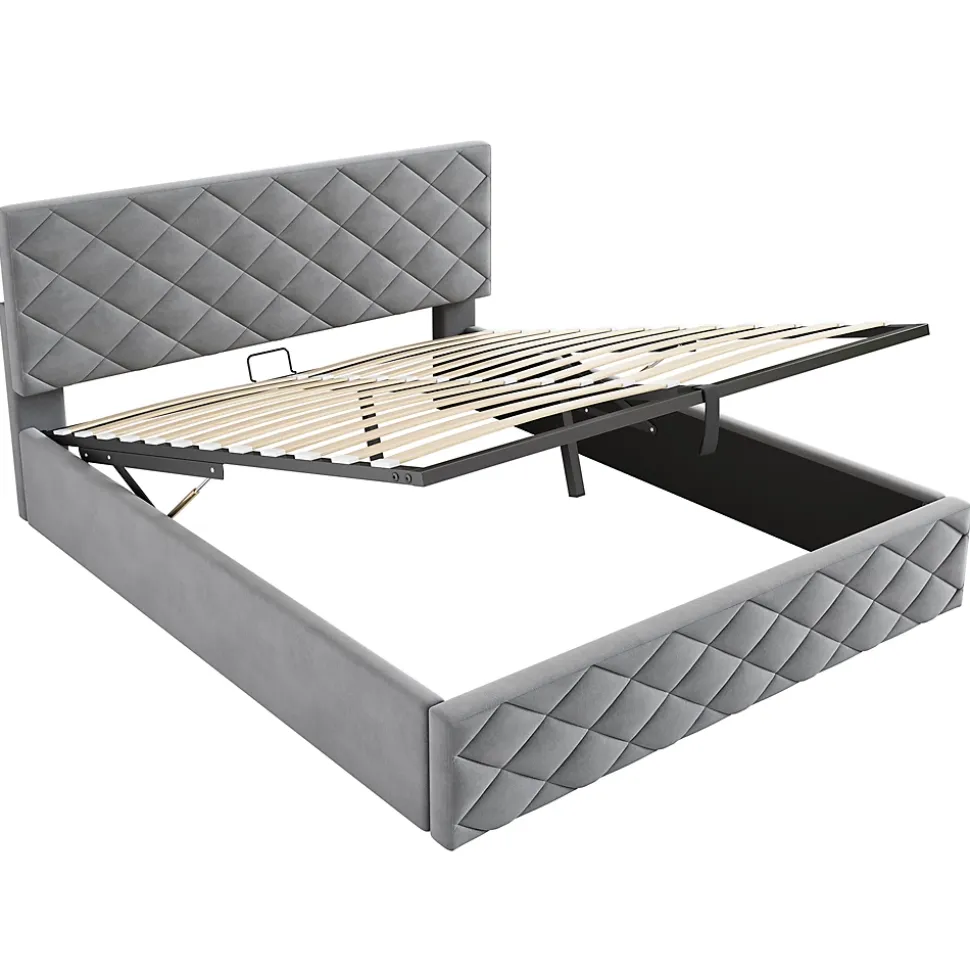 Lit Coffre Double 140x200 cm, Lit Capitonné en Velours, Grand Espace de Rangement, Gris, Sans Matelas