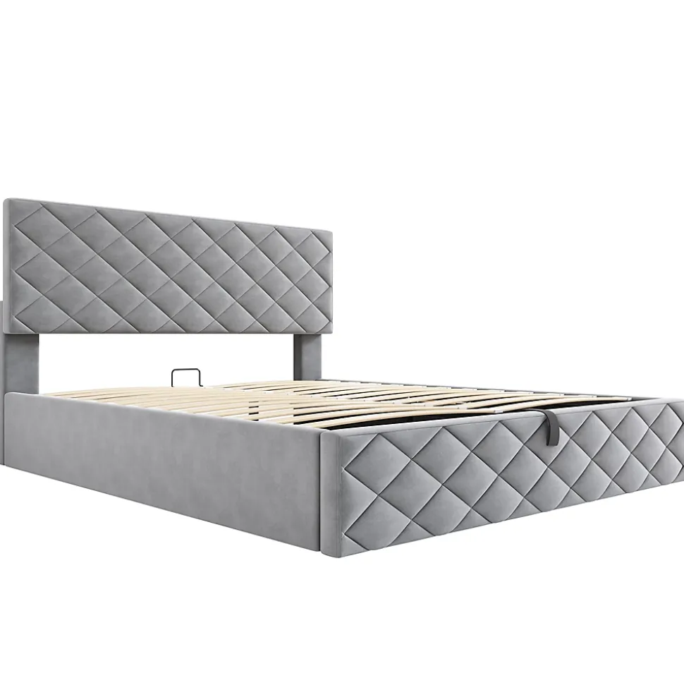 Lit Coffre Double 140x200 cm, Lit Capitonné en Velours, Grand Espace de Rangement, Gris, Sans Matelas