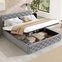 Lit Coffre Double 140x200 cm, Lit Capitonné en Velours, Grand Espace de Rangement, Gris, Sans Matelas