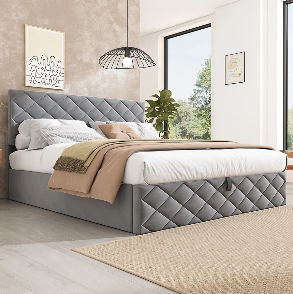 Lit Coffre Double 140x200 cm, Lit Capitonné en Velours, Grand Espace de Rangement, Gris, Sans Matelas