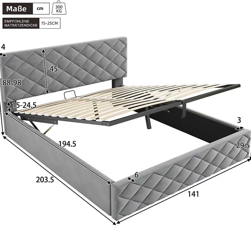 Lit Coffre Double 140x200 cm, Lit Capitonné en Velours, Grand Espace de Rangement, Gris, Sans Matelas