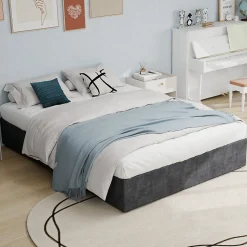 Lit Coffre Double 160x200 cm, Lit Adulte et Ado avec Vérins Hydrauliques, Cadre Moderne en Velours Hollandais Gris, Sans Matelas