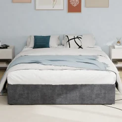 Lit Coffre Double 160x200 cm, Lit Adulte et Ado avec Vérins Hydrauliques, Cadre Moderne en Velours Hollandais Gris, Sans Matelas