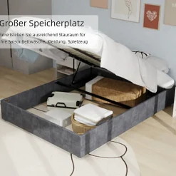 Lit Coffre Double 160x200 cm, Lit Adulte et Ado avec Vérins Hydrauliques, Cadre Moderne en Velours Hollandais Gris, Sans Matelas