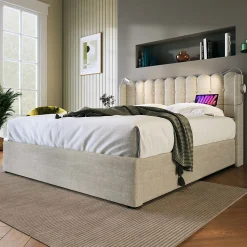 Lit Coffre Double 160x200cm Rembourré Rangement Lin Naturel Blackcolors