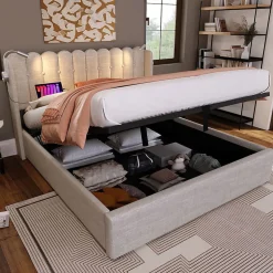 Lit Coffre Double 160x200cm Rembourré Rangement Lin Naturel Blackcolors