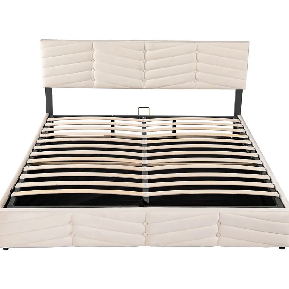 Lit Coffre Double 180x200cm Velours Tête Réglable Rayé Blanc Cassé Blackcolors