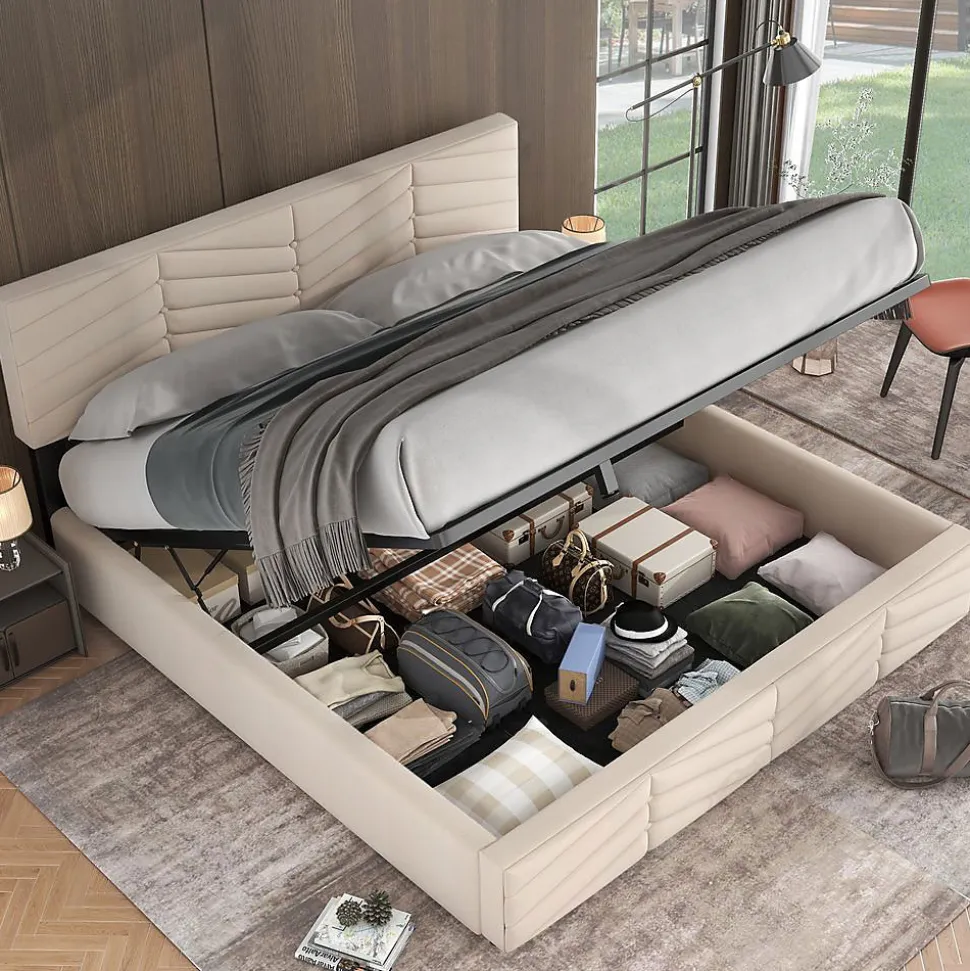 Lit Coffre Double 180x200cm Velours Tête Réglable Rayé Blanc Cassé Blackcolors