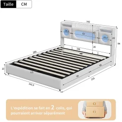 Lit coffre en cuir PU 140x200 cm blanc avec tête de lit lumineuse, rangement à vérins, ports USB et USB-C, design moderne